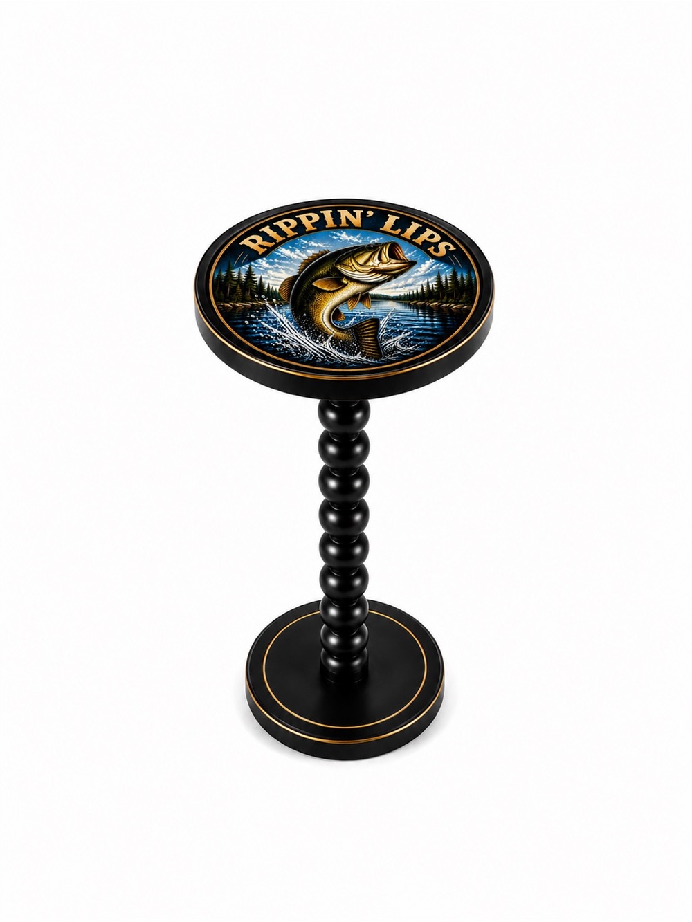 Rippin’ Lips Bass Fishing Drink Table, Small End Table, Whiskey Martini Stand